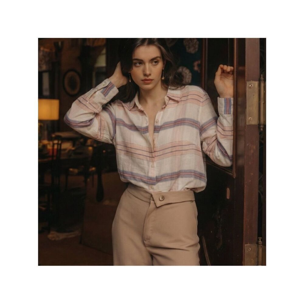 Tommy Bahama Pastel Pink and Blue Striped Button-Down Silk blend Shirt size M